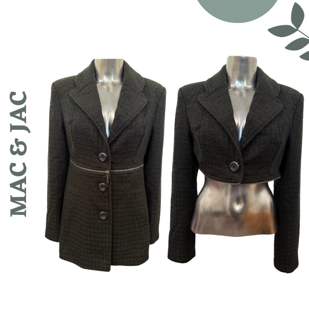 Mac & Jac 2-in-1 Convertible Blazer Jacket, Black Textured Zip-Off Hem – Medium